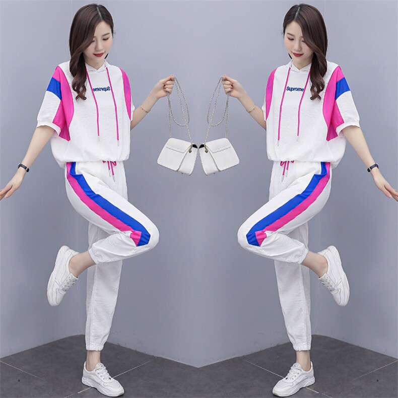 短袖时尚套装女2022夏季新款女装韩版休闲百搭撞色绣花两件套裤潮,女装套装/套裙,慧尚依恋