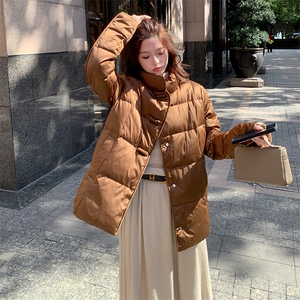 短款立领拼接袖简中式一手长加厚羽绒服女宽松保暖外套图片