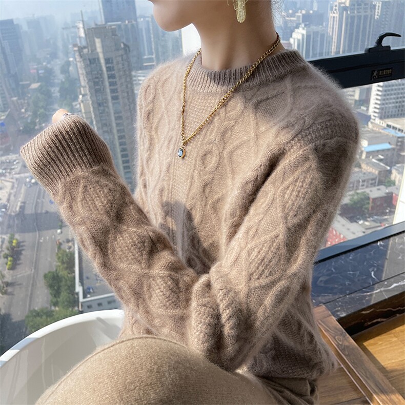 100%纯羊毛衫女圆领扭花套头毛衣秋冬新款宽松羊绒衫针织打底上衣,女装羊毛衫,百越羊绒