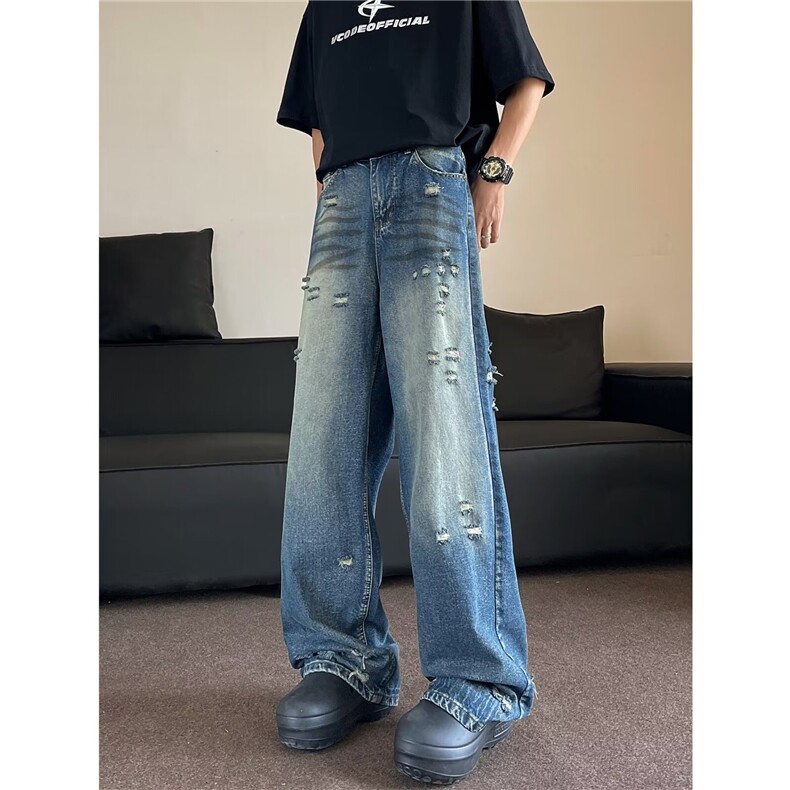 美式街头破洞牛仔裤男直筒宽松欧美高街vibe风长裤子N0697-P50，男装牛仔裤，星座308B-2
