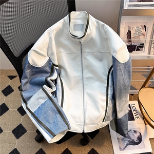 立领皮衣夹克男女炸街牛仔拼接赛车服高级感宽松痞帅外套图片