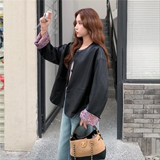 两面穿圆领花纹袖口拼接皮衣外套女秋季新款时尚气质休闲显瘦上衣，女装短外套，2C057