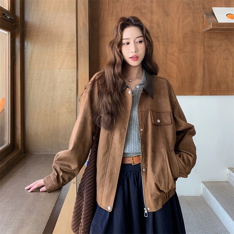 休闲美拉德夹克棕色翻领麂皮绒短外套女秋,女装短外套,2C209