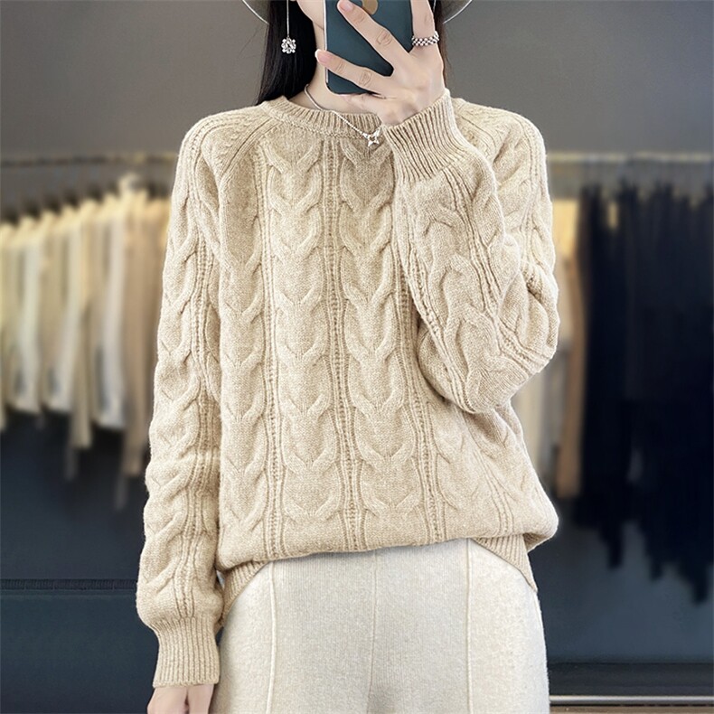 2025年秋季圆领套头单件长袖麻花舒适束手待毙通勤，女装针织衫/毛衣，伊绒腾羊绒