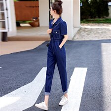 2024夏季新款简约时尚个性气质翻领抽绳收腰显瘦牛仔连体长裤，女装连体裤，瑶迪依秀