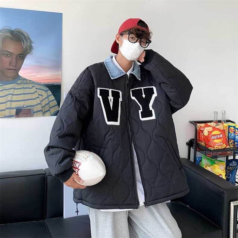 冬天新短款情侣潮牌潮流ins设计感拼接棒球服衬衫领棉袄外套男女,男装夹克,星座1210-1