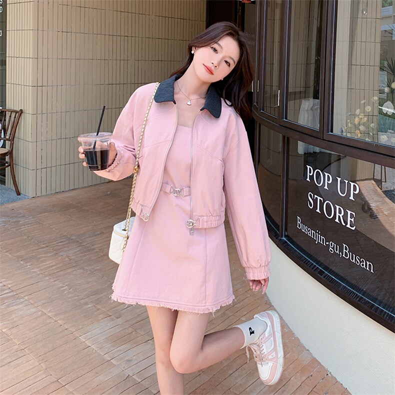 翻领粉色显瘦夹克外套短裙两件套女2025春秋新款韩系上衣减龄套装,女装套装/套裙,2C088
