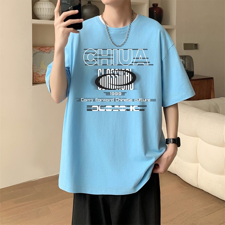 新款夏季男装纯棉短袖T恤落肩款英文字母印花时尚休闲上衣,男装T恤,星座1013