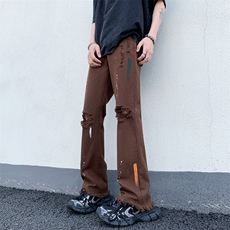 B221美式ins高街暗黑喷墨休闲破洞微喇牛仔裤LK23088-P65控88，男装牛仔裤，电商B221
