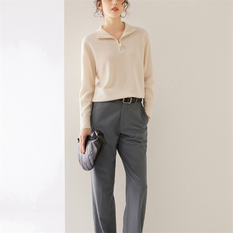 2024秋装新款拉链领菱形格纹宽松显瘦长袖35%羊绒衫，女装羊绒衫，旭友羊绒