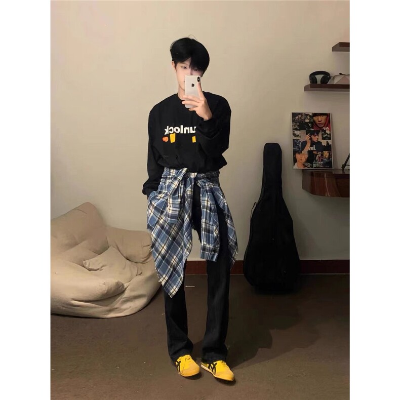 CS301-P35美式潮牌蓝色长袖格子衬衫男女生宽松百搭复古休闲,男装T恤,电商B323A