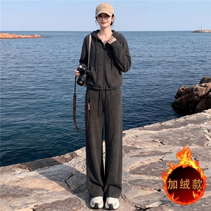女秋冬季新款时尚慵懒风套装黑色开衫连帽长袖套装阔腿长裤两件套图片