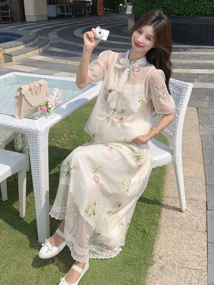 薄纱刺绣蝴蝶结上衣小吊带半身裙套装女2025夏新款绝美气质三件套,女装套装/套裙,含赞