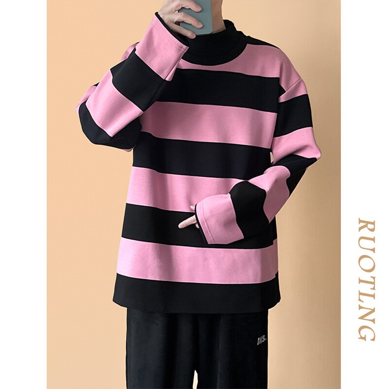 春秋现货高品质潮牌卫衣98.4%棉粉色条纹上衣宽松A351-AW2514-P75,男装卫衣,电商A351