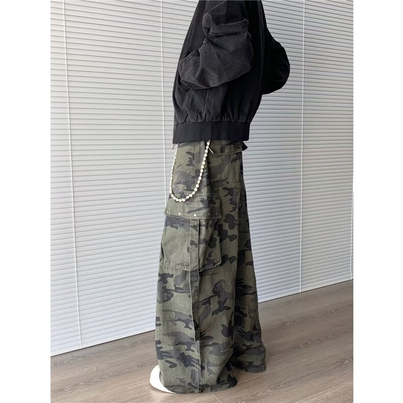 复古迷彩阔腿弯刀工装牛仔裤男女百搭潮牌宽松休闲裤8007P65,男装牛仔裤,星座410-2
