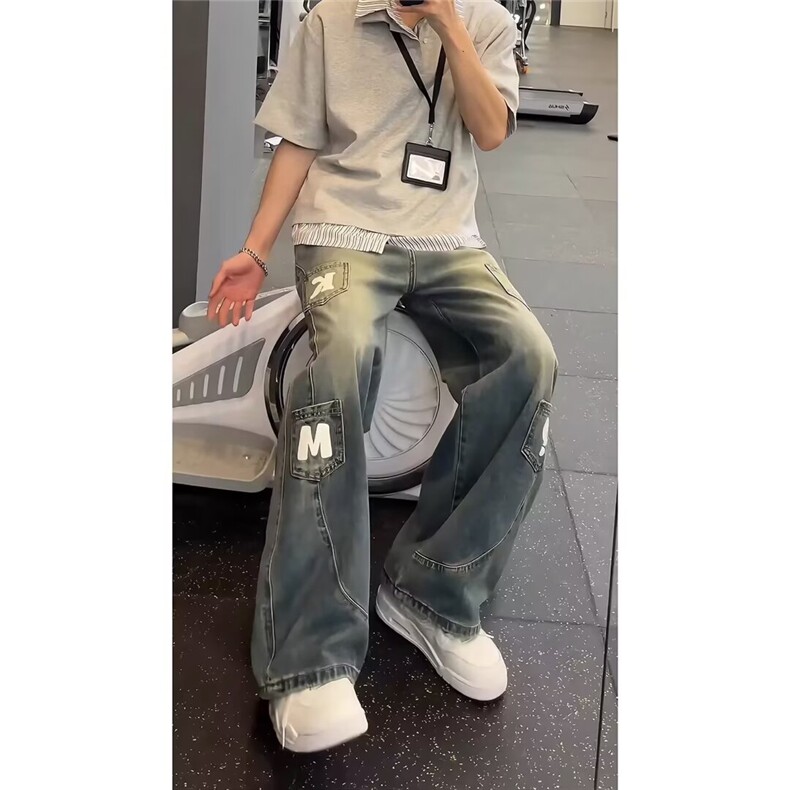 复古阔腿弯刀牛仔裤男女宽松百搭多口袋刺绣廓形长裤AM020P50,男装牛仔裤,星座1013-5