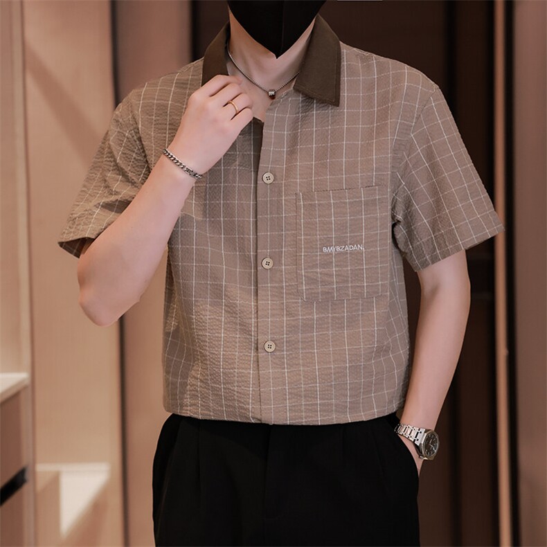 大货格子短袖衬衫男夏季2025新款痞帅高级感衬衣C317-C802-P50,男装衬衫,电商C317