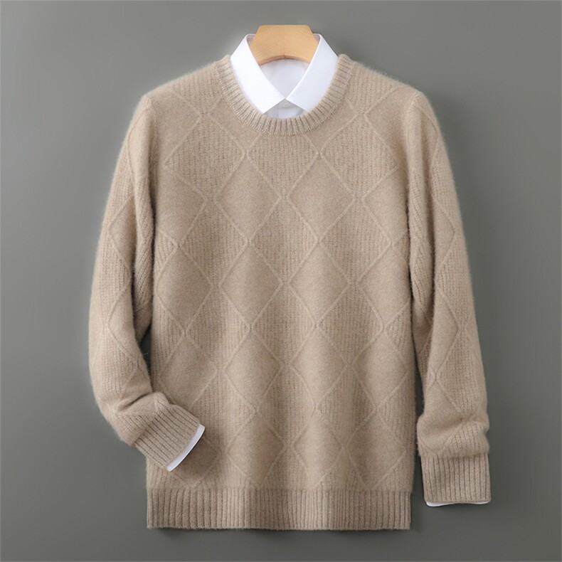 100%纯羊毛衫男圆领加厚菱形提花针织毛衣宽松羊绒衫套头打底上衣，男装羊毛衫，宇灿羊绒