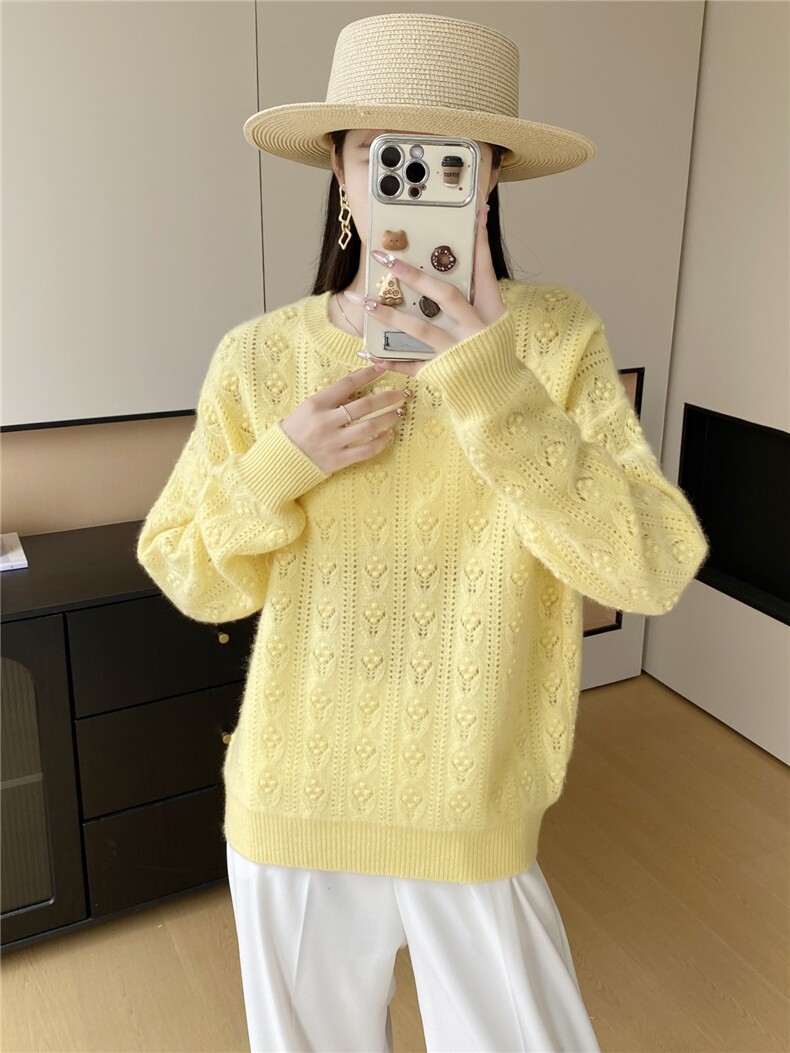 2025年秋季时尚百搭通勤简约休闲圆领镂空羊绒毛衣，女装羊绒衫，米哆哆羊绒