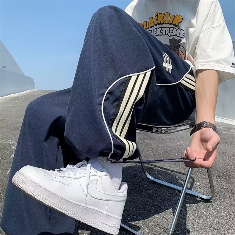 刺绣休闲裤三条杠可收脚口裤子 M-2XL 黑色 藏青 K261图片