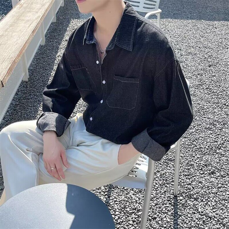 日系原宿bf风牛仔衬衫男春秋港风chic宽松休闲高级感工装衬衣外套,男装衬衫,星座601-1