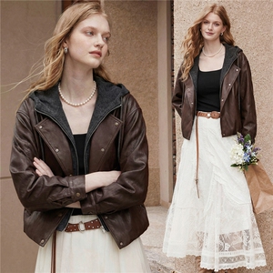 【春季女装新款】大量现货时尚连帽短款皮衣外套，女装皮衣，缘衣格