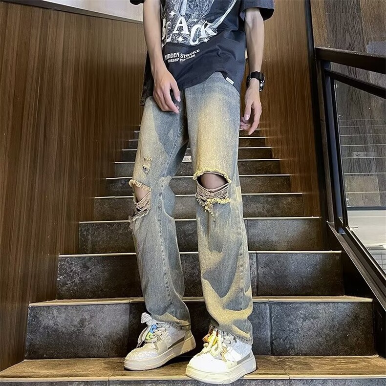 膝盖破洞牛仔裤男款美式复古黄泥色裤子NA03 P40图片