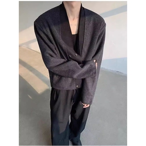 春季老钱风双扣开衫混纺毛边短款西服毛呢外套复古雅痞呢子西装潮图片
