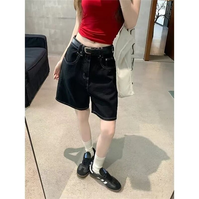 简约韩版黑色牛仔裤女夏季2025新款高腰显瘦阔腿裤百搭洋气五分裤,男装牛仔裤,星座1210-1