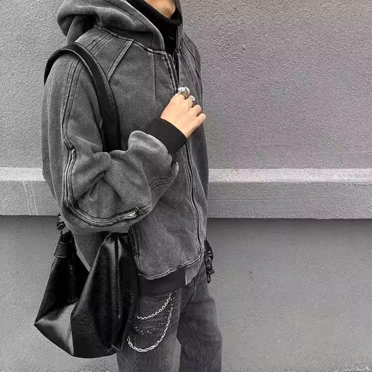 美式复古简约休闲百搭开衫卫衣秋冬水洗做旧宽松连帽外套,女装短外套,四季星座505