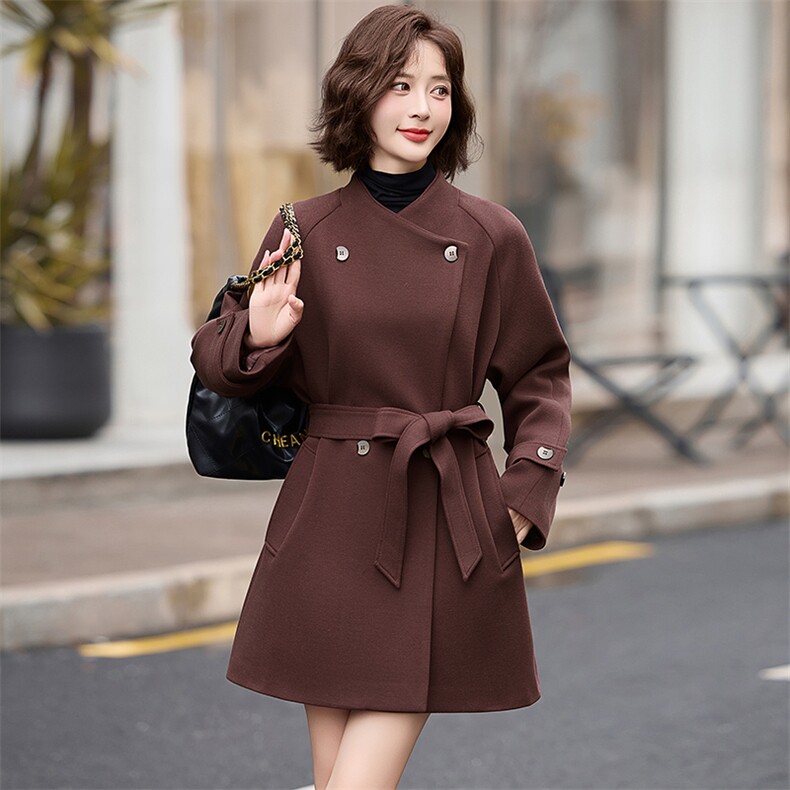 韩版别致设计感大翻领风衣外套女2025春秋新款高级感红色休闲大衣,女装双面呢大衣,魅丽静蓝