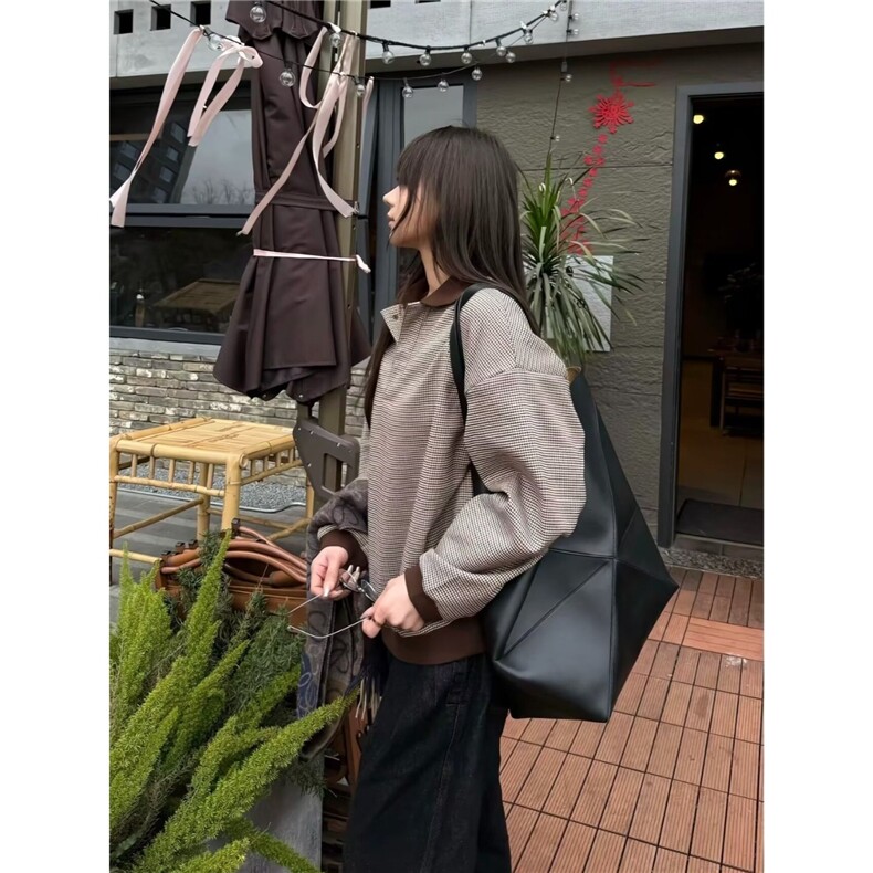 T87-P552025秋装翻领长袖外套衫千鸟格休闲宽松大码女装上衣,女装短外套,电商B323A