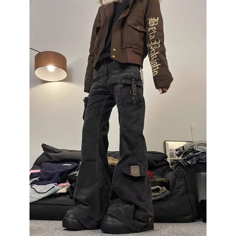 水洗直筒炮弹微喇牛仔工装裤男vibe高街小众机能拼接长裤NMH02,男装工装外套,星座1116A（原606A-3）