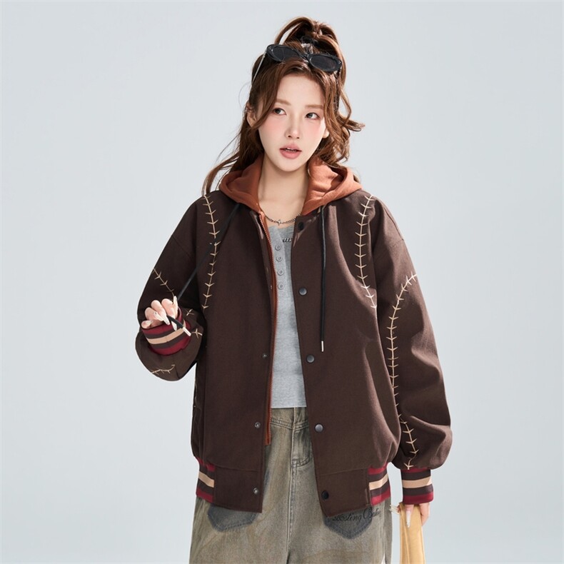 假两件连帽棒球服春季宽松明线刺绣潮流百搭外套XZ309JK8006P95,女装短外套,星座309（原A406）