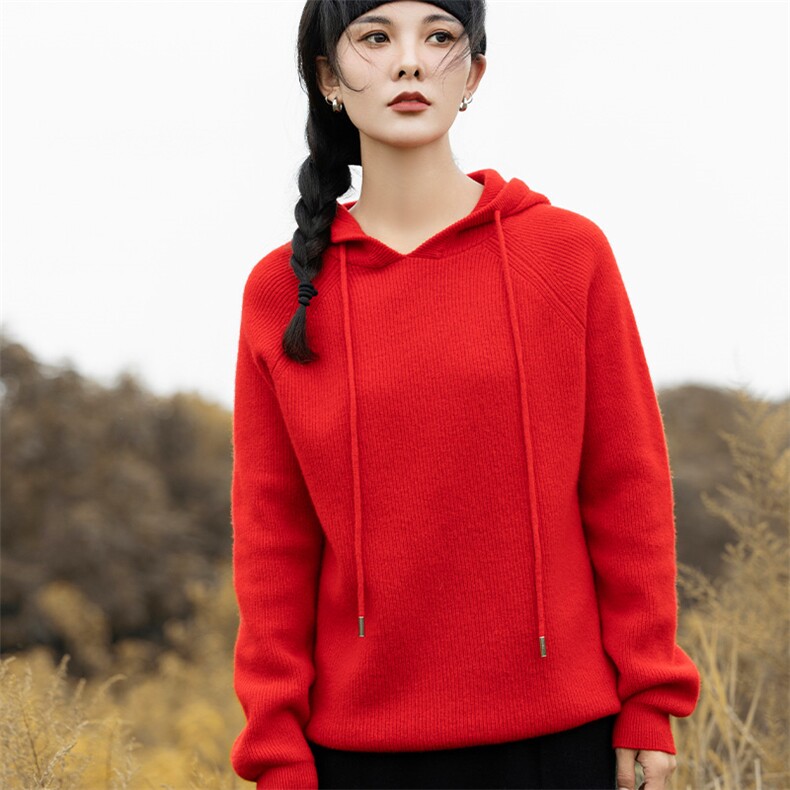 秋冬100针织卫衣帽衫女加厚长袖套头气质休闲连帽上衣毛衣,女装羊毛衫,魅途羊绒