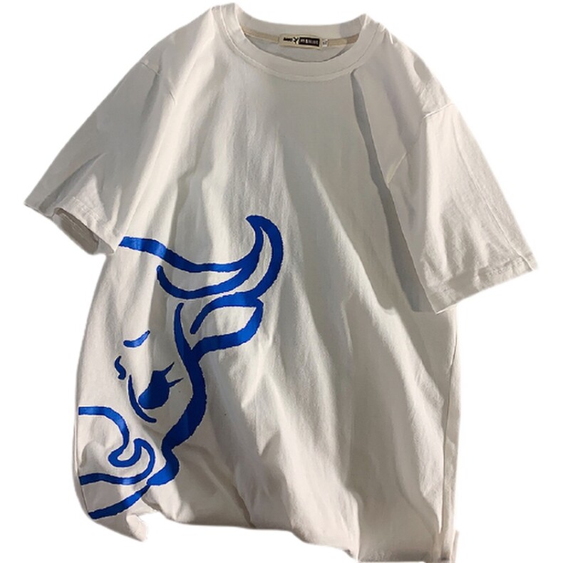 牛年手绘印花白色短袖T恤男女同款纯棉圆领五分袖t恤A090-T137P35图片