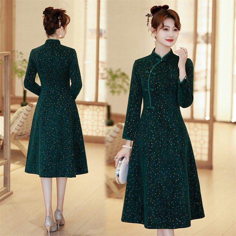 新中式风立领加厚针织改良版宴会礼服旗袍827P155,女装汉服/婚纱/旗袍/礼服,乐衣轩