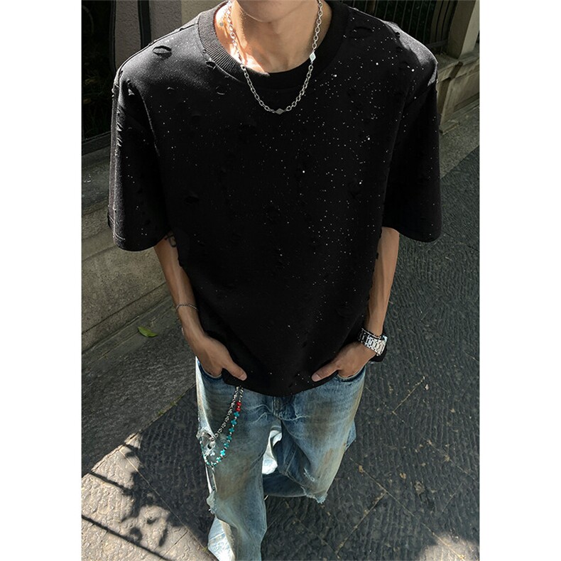 T322-特P20控48220克夏季潮流破洞满天星圆领短袖男宽松打底衫,男装T恤,电商A058-1（原电商C417）