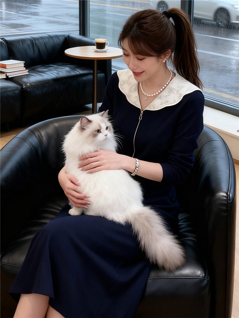 设计感时尚减龄套装女秋款修身娃娃领领开衫拉链上衣中长裙两件套,女装套装/套裙,江南