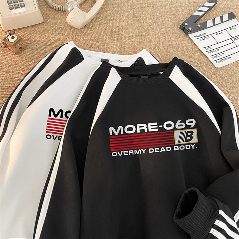 已注册美式直播抖音三条杠拼接织带圆领宽松男卫衣W2403P40加绒50,男装卫衣,电商C408(原B339-1)