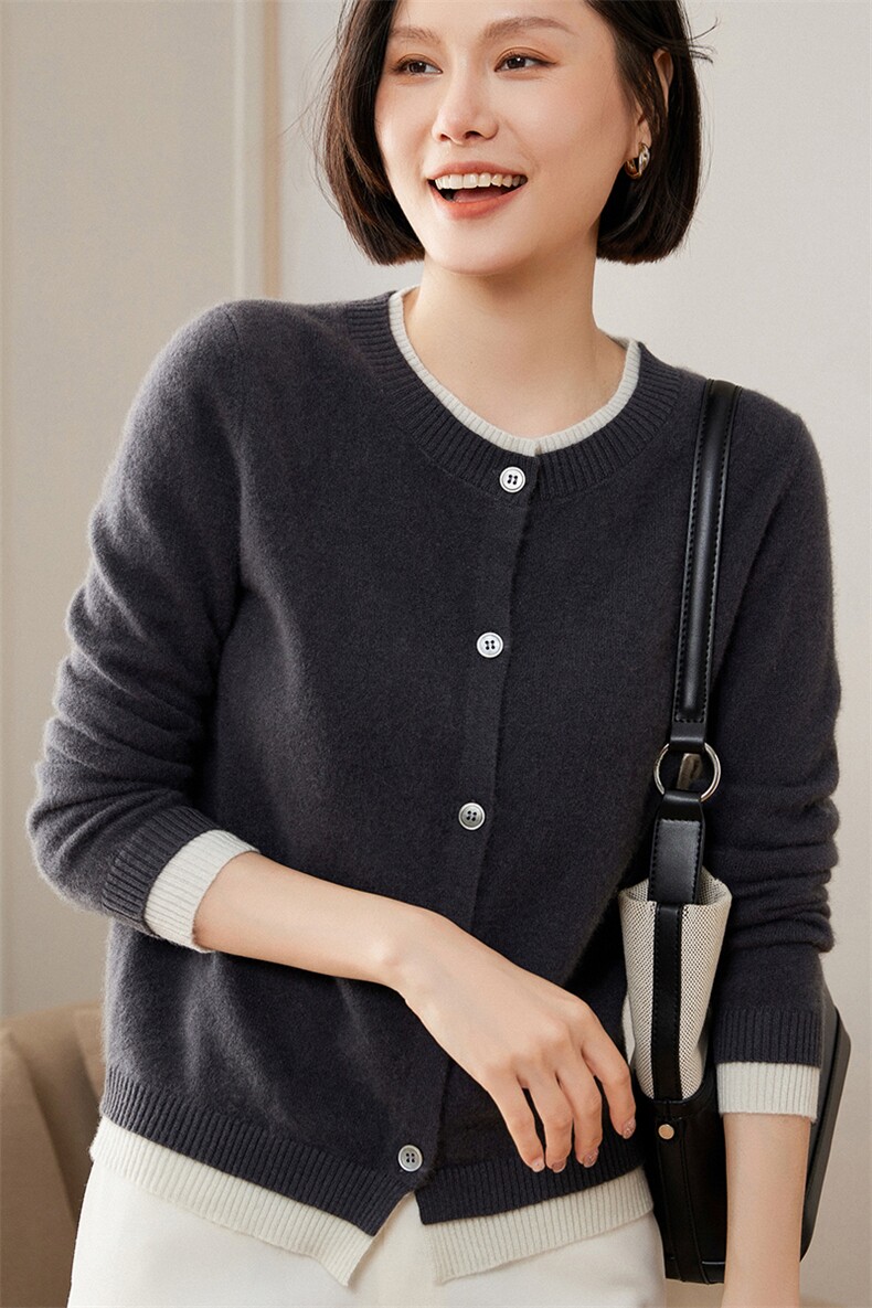 撞色假两件开衫女2024秋冬装新款针织衫35%羊绒衫,女装羊绒衫,绒又羊绒