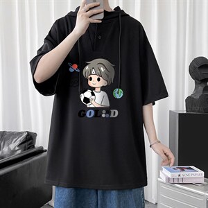 LD54207-P45 连帽短袖t恤男大码胖子带帽五分袖中袖图片