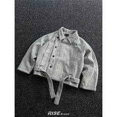 春季新款立领羊毛夹克男双排扣绑带短款毛呢外套1008-LB10522-P85，男装夹克，星座1008