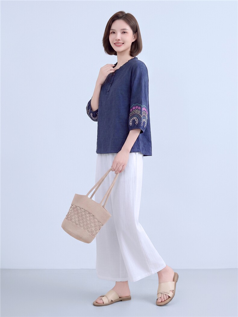 衬衫女木耳领提花棉麻复古上衣,女装衬衫,曼沙奕珂