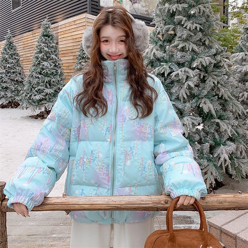 韩版学院风渐变印花立领羽绒服女2025冬季新款显瘦加厚白鸭绒外套，女装羽绒服，2C112