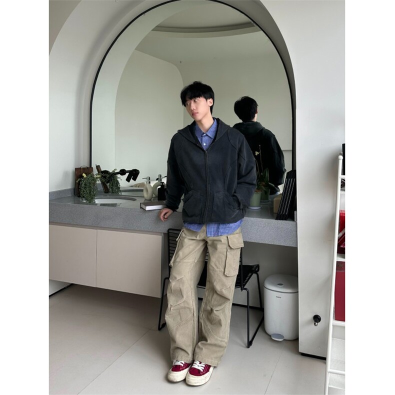 美式复古水洗做旧连帽拉链卫衣男女2025秋季新款宽松百搭外套上衣,女装短外套,四季星座505