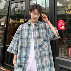 短袖衬衫男夏季新款磨毛格子衬衣DX002-特批26无差价，男装衬衫，星座214-3
