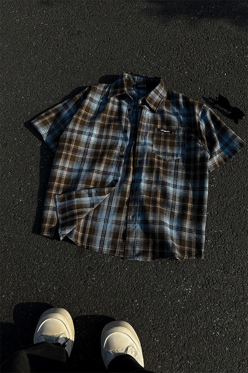 8XL-M美式格子短袖衬衫男上衣复古宽松格纹五分袖衬衣CS524P48,男装衬衫,电商D206-1