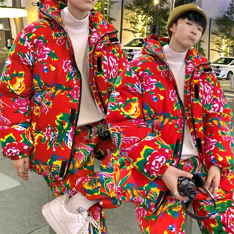TZ206新中式东北大花男女棉衣套装保暖防寒 上款大差价图片