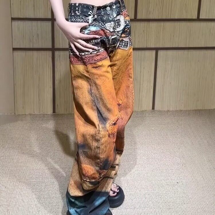 G967-P612025新款3D立体打印错觉复古彩色油画腰带弯刀牛仔裤,男装牛仔裤,电商B323A